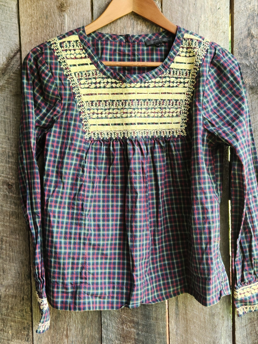 J. Crew Plaid Cotton Blouse With Gold Embroidery Women's Sm Made In India
